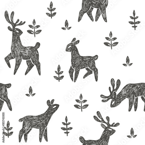 Vector seamless pattern with deer herd in forest. Hand drawn texture with cute wild  animals and floral elements in ethnic style isolated on white. Natural background