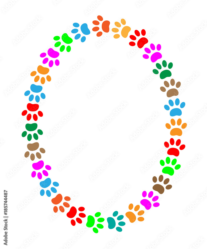 Oval frame of colorful paw prints animal with blank space for text.