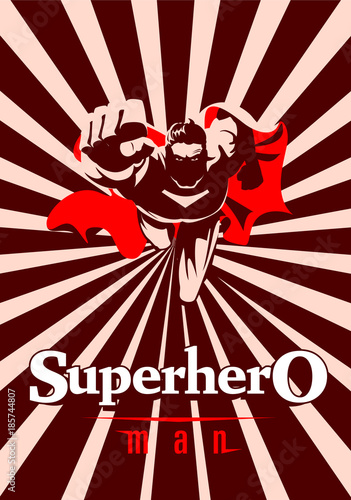 Flying superhero on camera. Black and white graphic