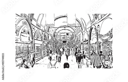 Hand drawn sketch of Grand Bazaar Istanbul, Turkey in vector illustration.