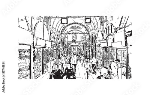 Hand drawn sketch of Grand Bazaar Istanbul, Turkey in vector illustration.