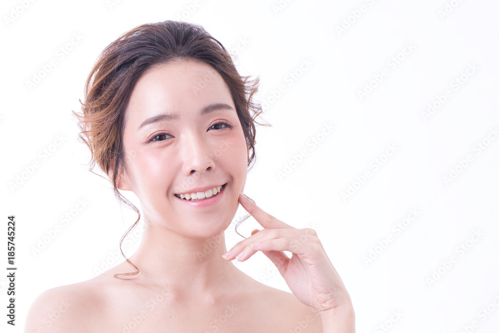 Beautiful Asian Woman Portrait. Beautiful Woman looking to camera. Korean Woman Touching her Face. People with Youth and Skin Care Concept. isolated on white background. Beautiful Asian Woman Portrait. Beautiful Woman looking to camera. Korean Woman Touching her Face. People with Youth and Skin Care Concept. isolated on white background.
