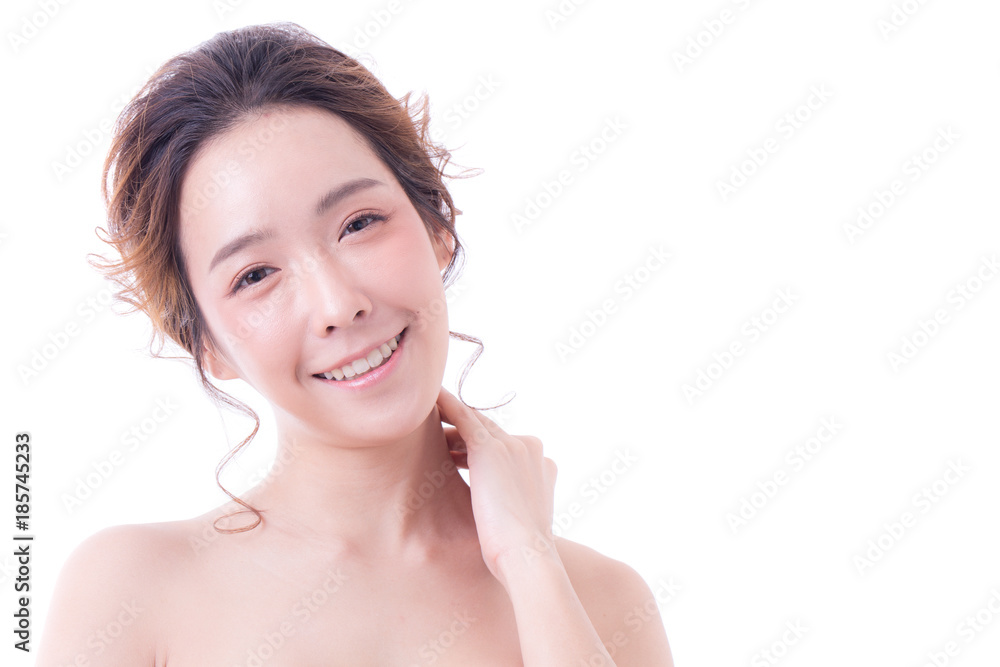 Beautiful Asian Woman Portrait. Beautiful Woman looking to camera. Korean Woman Touching her Face. People with Youth and Skin Care Concept. isolated on white background. Beautiful Asian Woman Portrait. Beautiful Woman looking to camera. Korean Woman Touching her Face. People with Youth and Skin Care Concept. isolated on white background.
