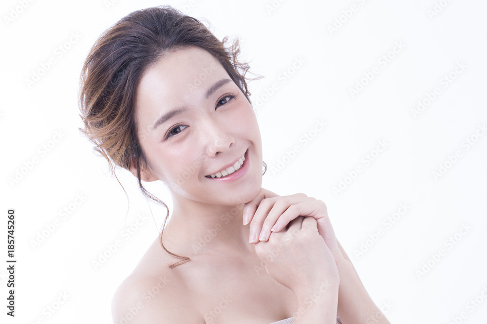 Beautiful Asian Woman Portrait. Beautiful Woman looking to camera with attractive smiling. Korean Woman Touching her Face. People with Youth and Skin Care Concept. isolated on white background. Beautiful Asian Woman Portrait. Beautiful Woman looking to camera with attractive smiling. Korean Woman Touching her Face. People with Youth and Skin Care Concept. isolated on white background.