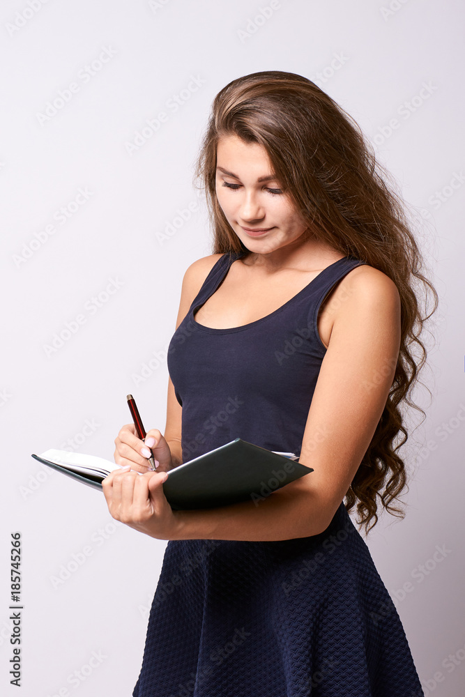 Girl writer. Businessman. Beautiful portrait. White background Girl writer. Businessman. Beautiful portrait. White background