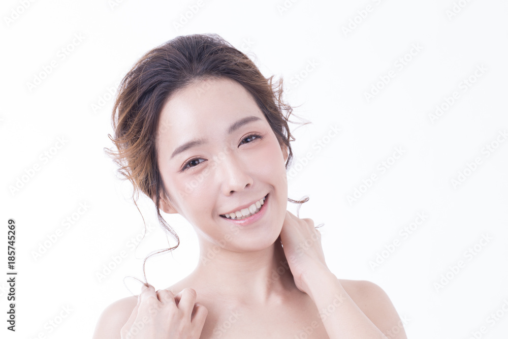 Beautiful Asian Woman Portrait. Beautiful Woman looking to camera with attractive smiling. Korean Woman Touching her Face. People with Youth and Skin Care Concept. isolated on white background. Beautiful Asian Woman Portrait. Beautiful Woman looking to camera with attractive smiling. Korean Woman Touching her Face. People with Youth and Skin Care Concept. isolated on white background.