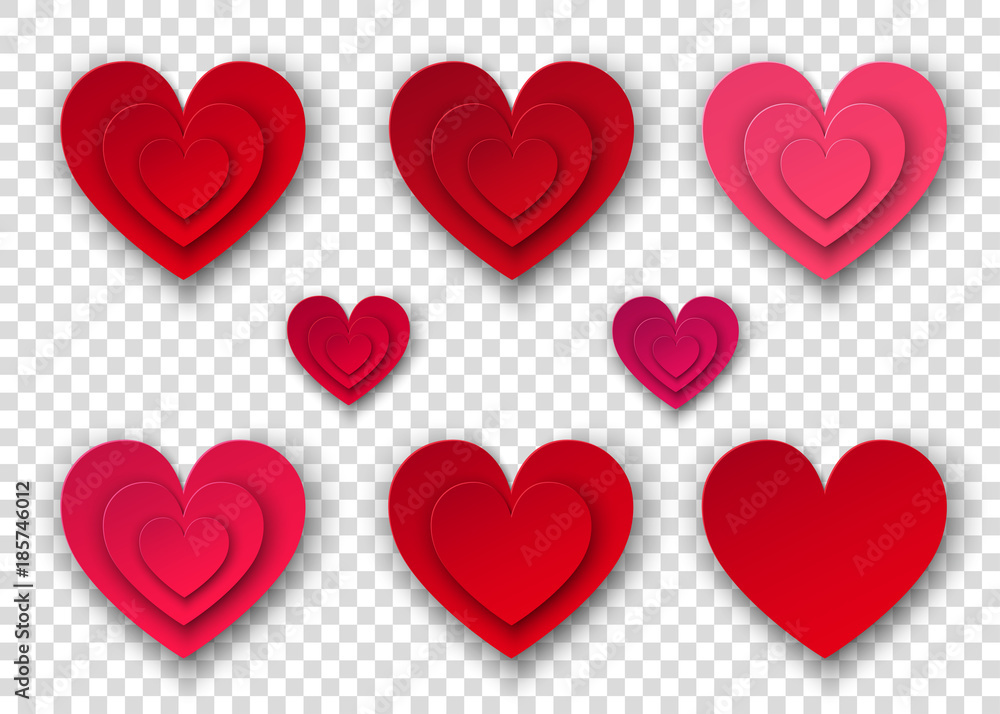 Red  and pink  paper hearts on transparent background.