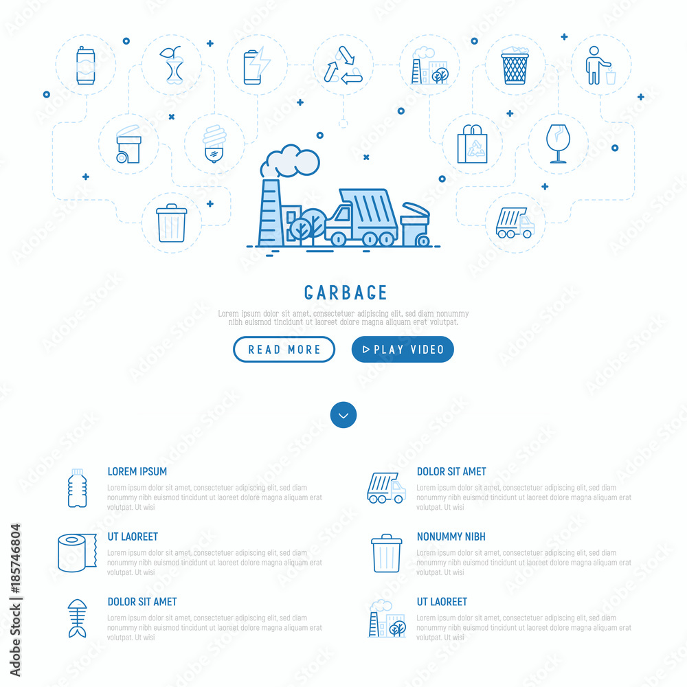 Garbage concept with thin line icons: factory, garbage bin, organic ...