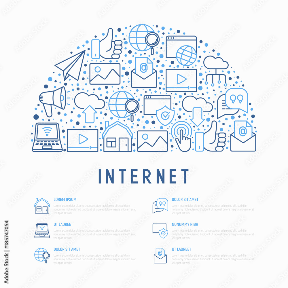Internet concept in half circle with thin line icons: e-mail, chat, laptop, share, cloud computing, seo, download, upload, stream, global connection. Modern vector illustration for web page.