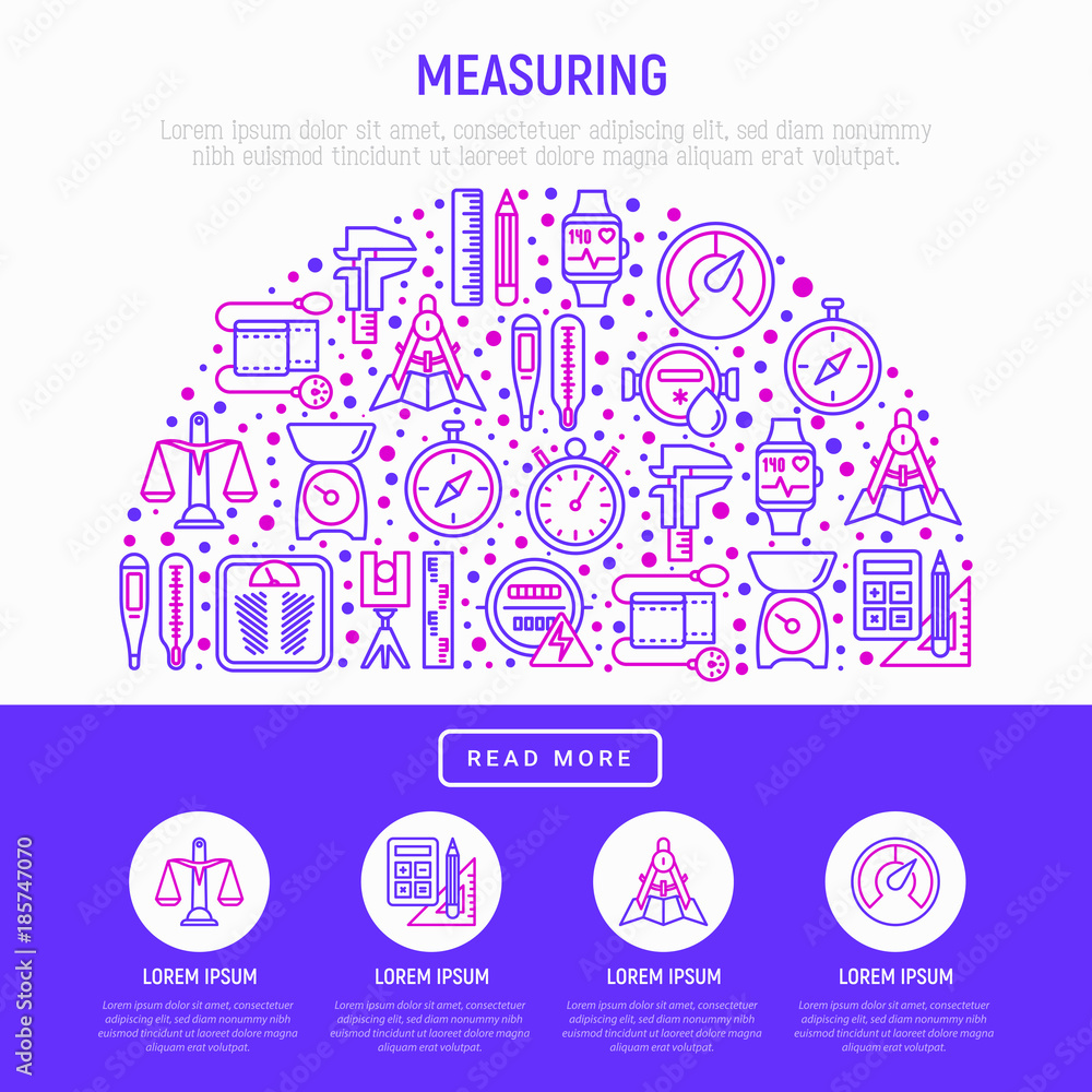Measuring concept in half circle with thin line icons: stopwatch, weight scales, speedometer, smart watch, brass scales, thermometer. Modern vector illustration for web page, banner, print media. Measuring concept in half circle with thin line icons: stopwatch, weight scales, speedometer, smart watch, brass scales, thermometer. Modern vector illustration for web page, banner, print media.