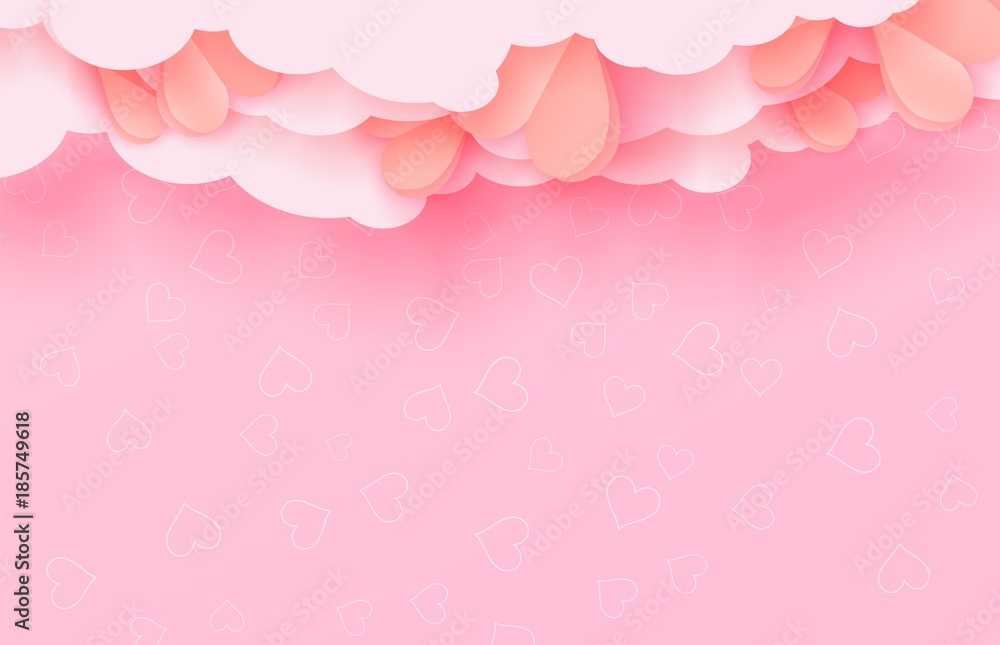 3d paper cut illustration of pink paper hearts on pink background with clouds. Vector