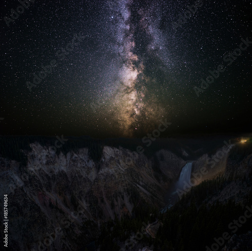 The Milky Way over the Lower Falls and the Grand Canyon of the Yellowstone River, Yellowstone National Park, Wyoming, USA