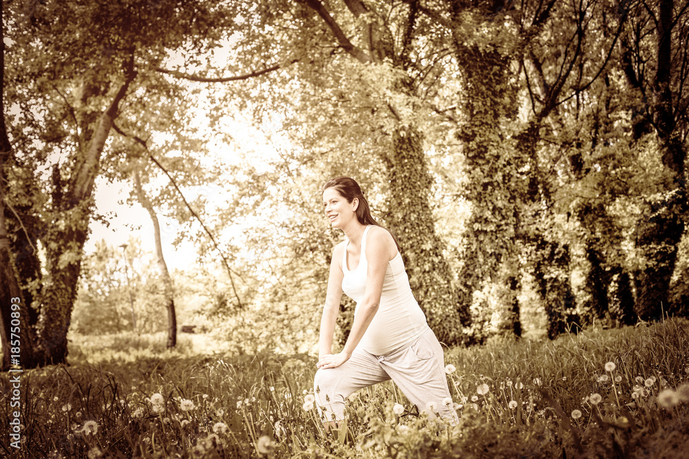 Pregnant woman exercising at nature. On the move. Pregnant woman exercising at nature. On the move.