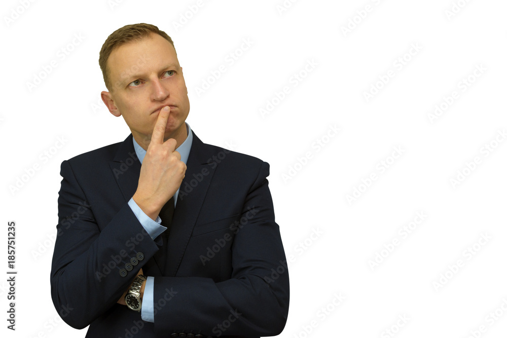 thinking blond man in suit finger near his mouth thinking blond man in suit finger near his mouth