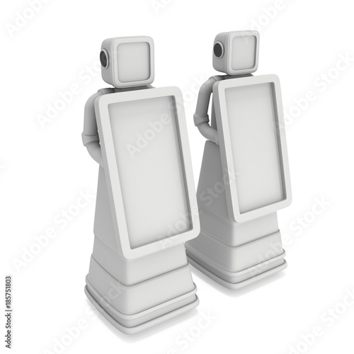 Robot Promoter Trade show booth with Blank LCD Screen. 3d render isolated on white background. Ad template promo bot for your expo design.