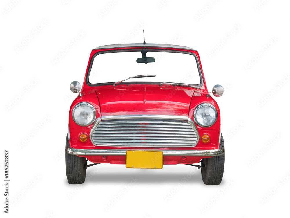 Red retro car, isolated on white background with clipping path. - obrazy, fototapety, plakaty 