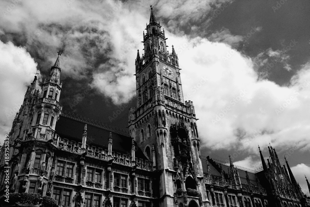 The Neue Rathaus or New City Hall - a magnificent neo-gothic building in Munich, Germany in b/w format The Neue Rathaus or New City Hall - a magnificent neo-gothic building in Munich, Germany in b/w format