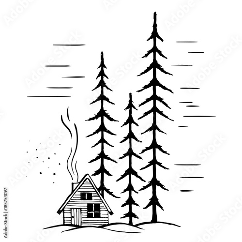 Winter landscape with high fir trees and winter festive hut with chimney and smoke.