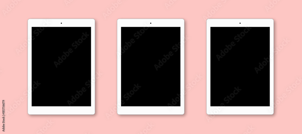 Top view of modern tablet computers with blank screens, isolated on pink background. Flat lay. Realistic gadgets to present your application design. Up to date device Top view of modern tablet computers with blank screens, isolated on pink background. Flat lay. Realistic gadgets to present your application design. Up to date device