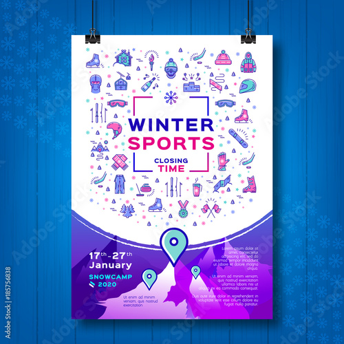 Winter sport poster, Contest closing time, Snowboarding flyer or Snow camp card. Design mock-up poster, flyers or cards on creative wooden background. Line art icons, Vector flat illustration