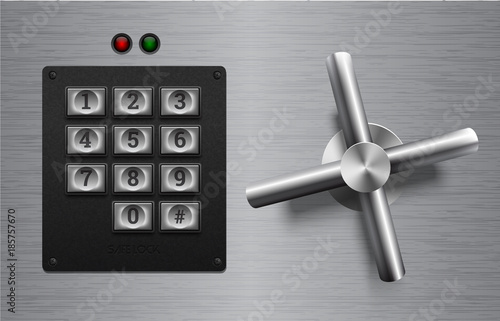 Realistic safe lock metal element on brushed metal background. Stainless steel wheel. Vector icon or design element. Keypad buttons on black plastic panel. Safety privacy protection concept.