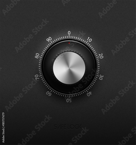 Realistic combination safe lock metal and plastic element on textured black background. Stainless steel round control. White scale. Vector icon or design element.
