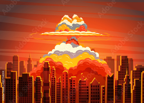 Rising radioactive bright mushroom cloud on city