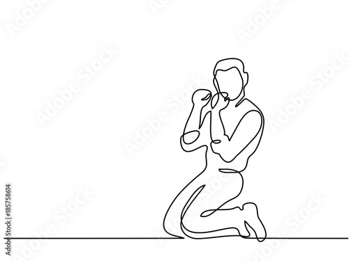 Continuous line drawing. Business man is celebrating success on his knees. Vector illustration.