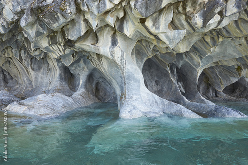 Detail of the Marble Caves formed by water erosion along the edge of Lago General Carrera along the Carretera Austral in Northern Patagonia, Chile.