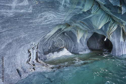 Detail of the Marble Caves formed by water erosion along the edge of Lago General Carrera along the Carretera Austral in Northern Patagonia, Chile.