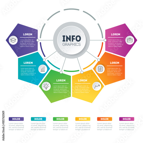 Vector infographic of technology or education process. Part of the report with icons set. Business concept with 6 options. Web Template of a chart, diagram or presentation.
