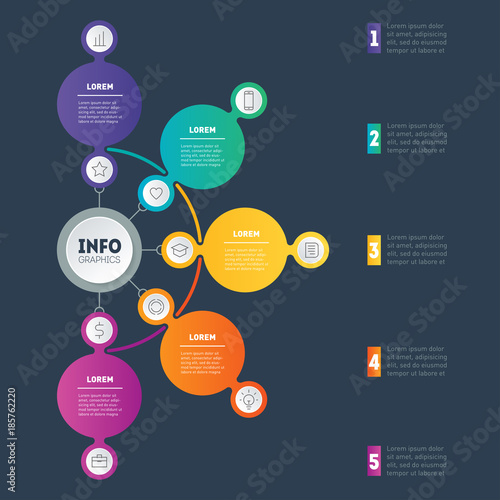 Business presentation or infographic with 5 options. Annual report. Vector infographics with 5 parts of technology or education process. Web Template of a chart, info graphic, mindmap or diagram.