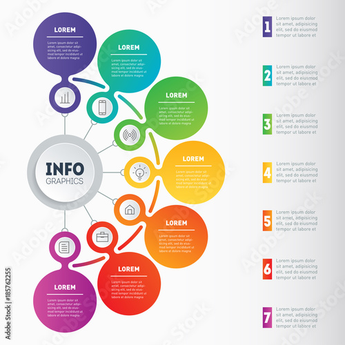 Business presentation or infographic with 7 options. Vector dynamic infographics or mind map of technology or education process. Web Template of a chart, mindmap or diagram.