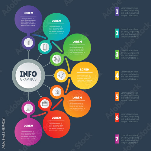 Business presentation or infographic with 7 options. Web Template of a chart, mindmap or diagram. Vector dynamic infographics or mind map of technology or education process.