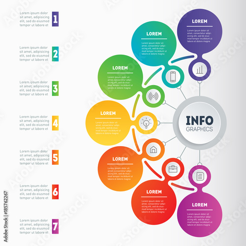 Vector infographics or mind map of technology or education process. Business presentation or infographic with 7 options. Web Template of a chart, mindmap or diagram with 7 steps.