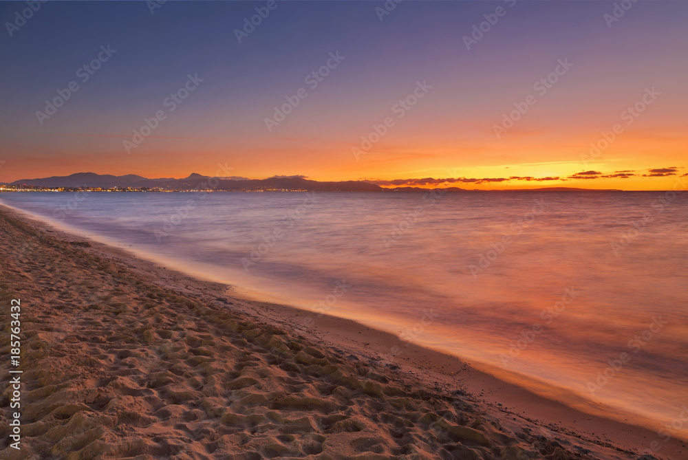 Arenal beach near Palma de Mallorca in sunset time. Mallorca island