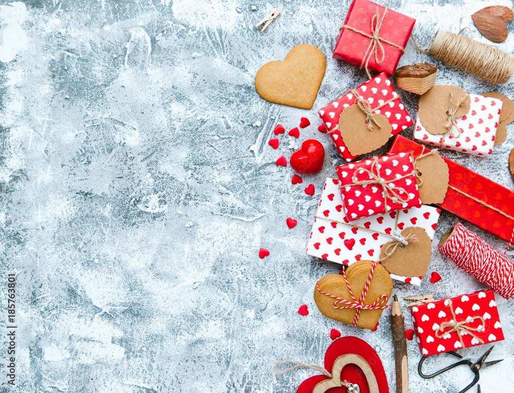 Obraz premium Valentine's day flat lay composition. Love symbols and objects on vintage background. View from above.