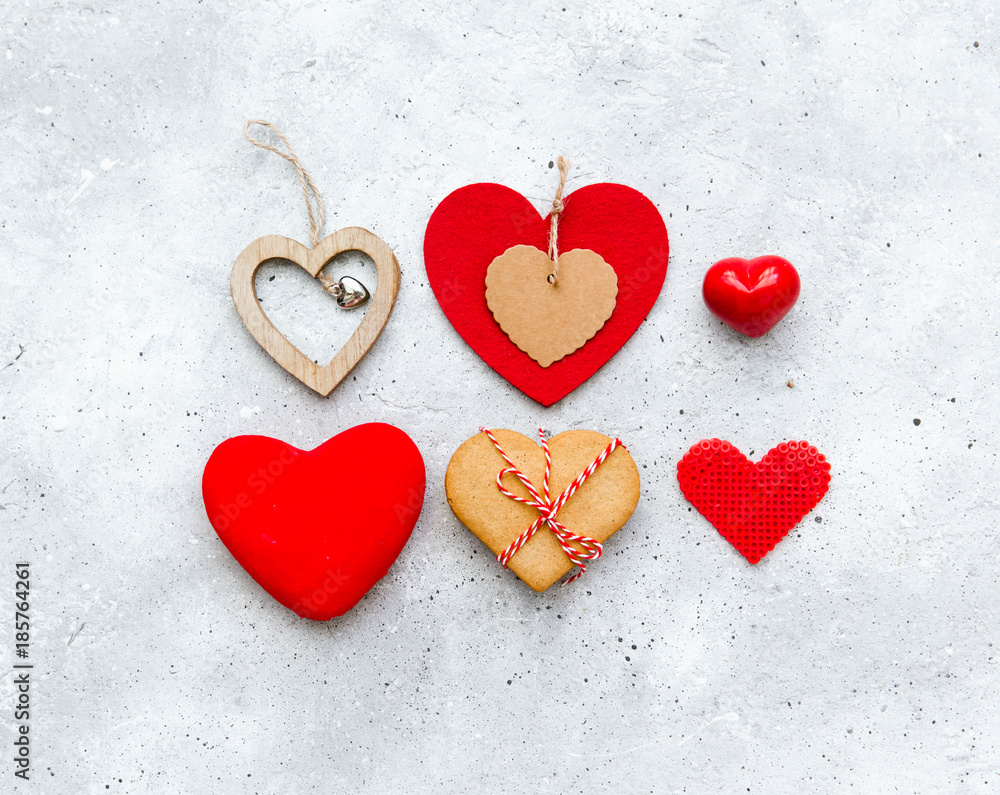 Valentine Day background with many different decorative hearts on vintage background. Flat Lay Holiday Composition Valentine Day background with many different decorative hearts on vintage background. Flat Lay Holiday Composition