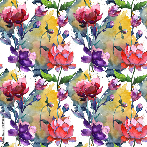 Wildflower peony flower pattern in a watercolor style. Full name of the plant  peony. Aquarelle wild flower for background  texture  wrapper pattern  frame or border.
