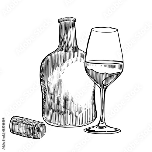 Red wine bottle and glasses, sketch style vector illustration isolated on white background. Realistic hand drawing. Engraving style illustrations.