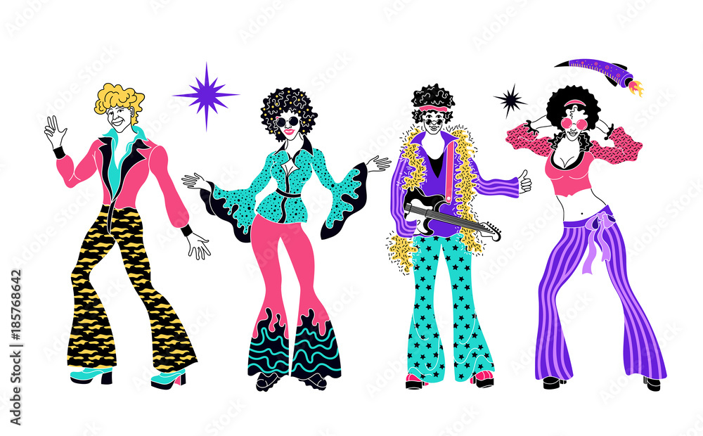 Vetor de Soul Party Time. Dancers of soul, funk or disco. People in 1980s,  eighties style clothes dancing disco, cartoon vector illustration isolated  on white background. Men and women in 80s style