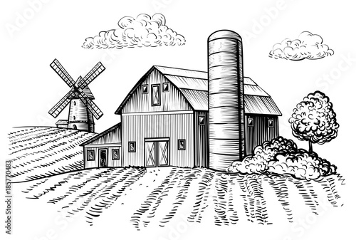 Rural landscape, farm barn and windmill sketch. Hand draw illustration of countryside natural scenic. Agricultural farmhouse and field. Vector monochrome outline image