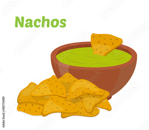 Nachos mexican chips, sauce salsa. Cartoon flat style. Vector illustration