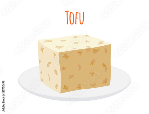 Tofu on plate. organic soy product. Cartoon flat style. Vector