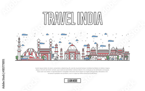 Travel India poster with architectural attractions in linear style. Worldwide traveling and time to travel concept. Indian skyline with famous landmarks, country tourism and journey vector background.