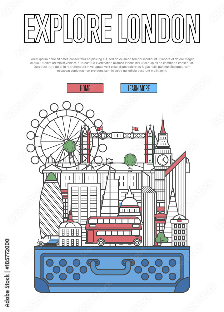 Explore London poster with famous architectural attractions in open  suitcase. Worldwide traveling and time to travel vector concept in linear  style. London national landmarks, tourism and journey Stock Vector | Adobe  Stock