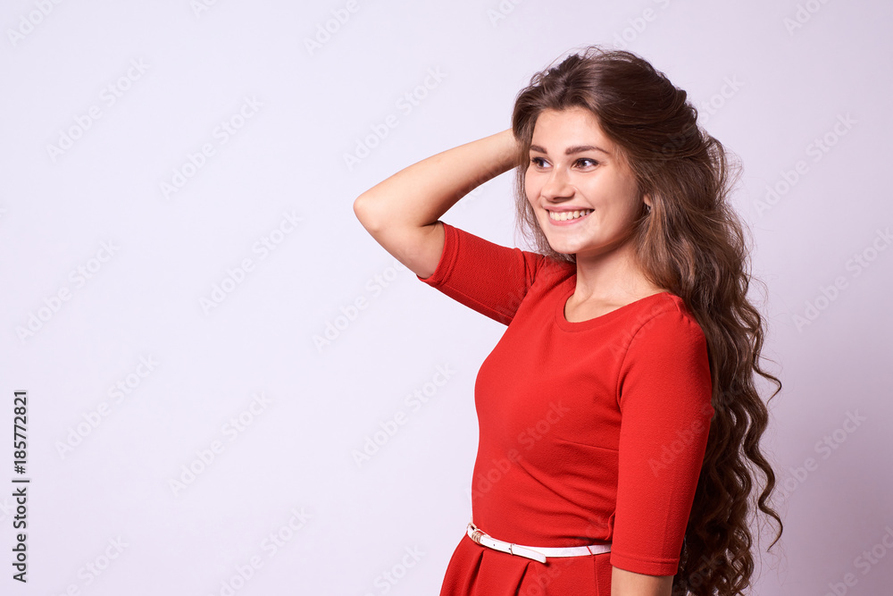 Portrait girl. Bordered brunette. Sincere smile Portrait girl. Bordered brunette. Sincere smile