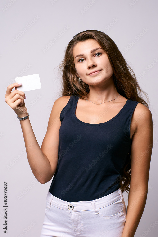 Template of business card. Beautiful brunette. Portrait girl Template of business card. Beautiful brunette. Portrait girl