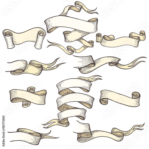 Pirate scrolls. Antique vector scroll banners and sepia sketch ribbon elements