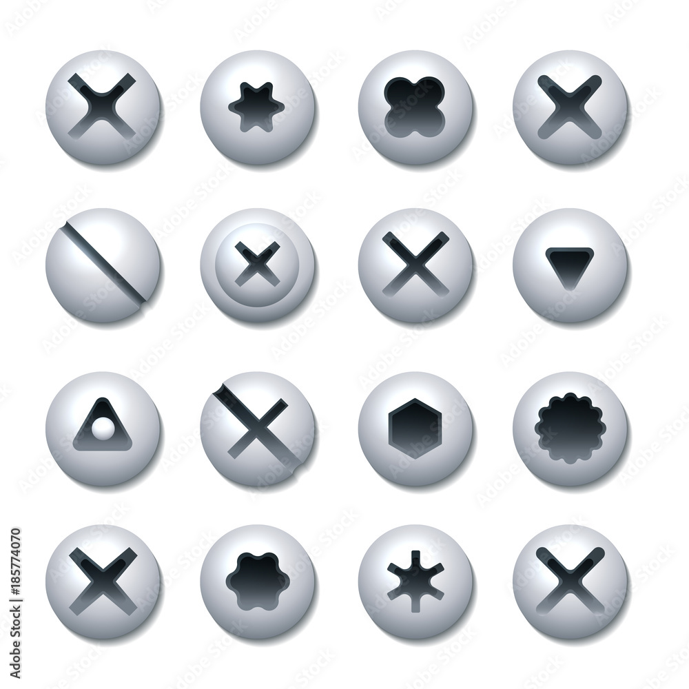 Bolts and screws heads. Bolt and screw, nut and rivet top view vector illustration Bolts and screws heads. Bolt and screw, nut and rivet top view vector illustration